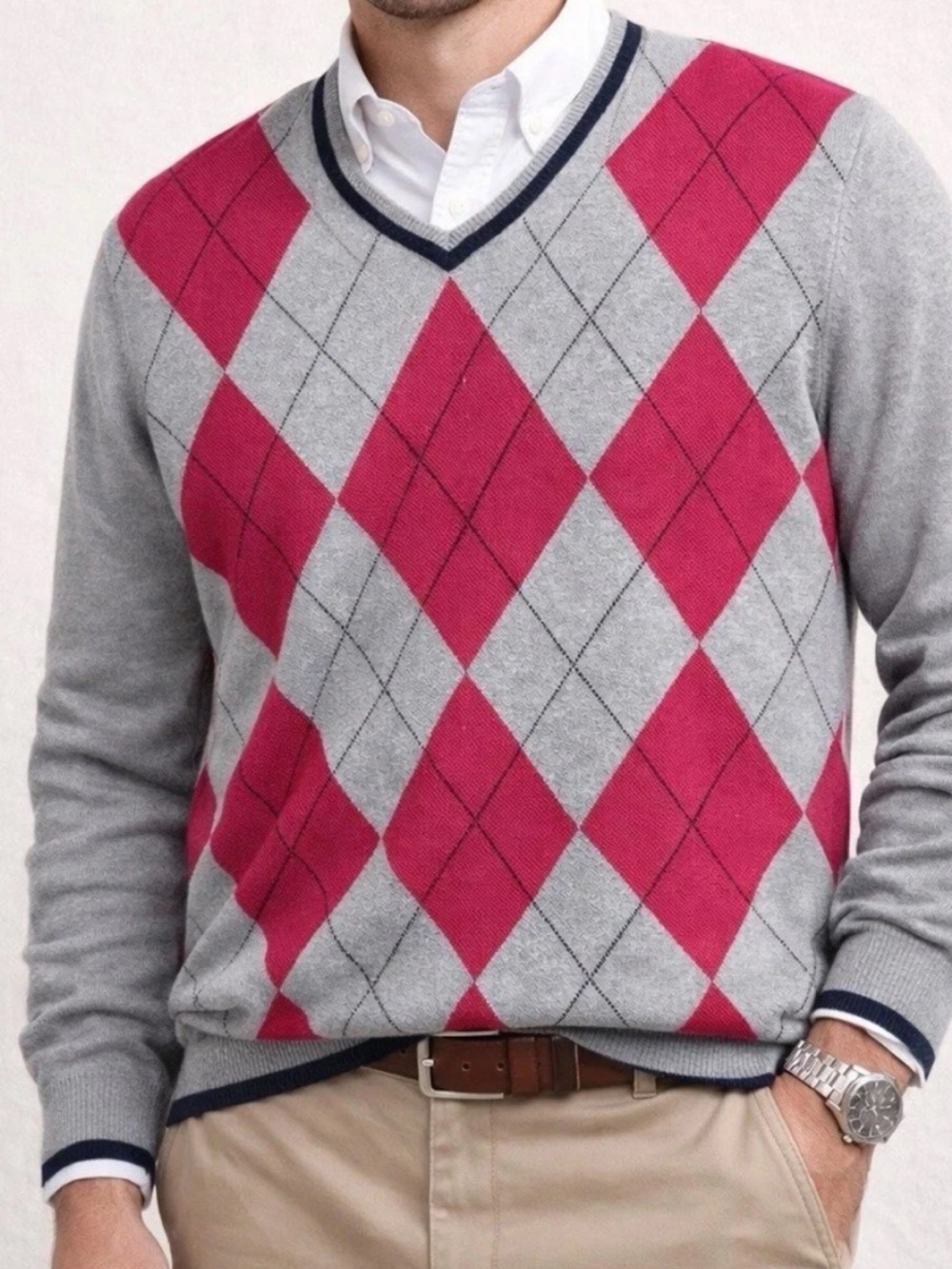 Brooks Brothers 346 Argyle V Neck Sweater Gray Pink Check Sz Large Golf Sweater